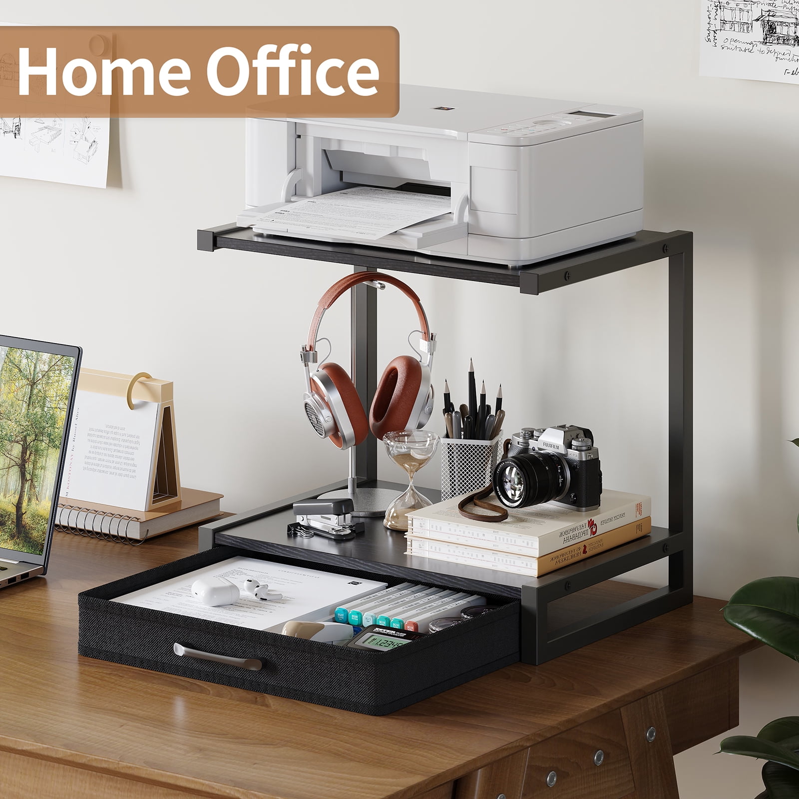 MIN EN WIN 2-Tier Monitor Stand Riser with Fabric Drawer, Sturdy Desk Organizer for Adult Home Office