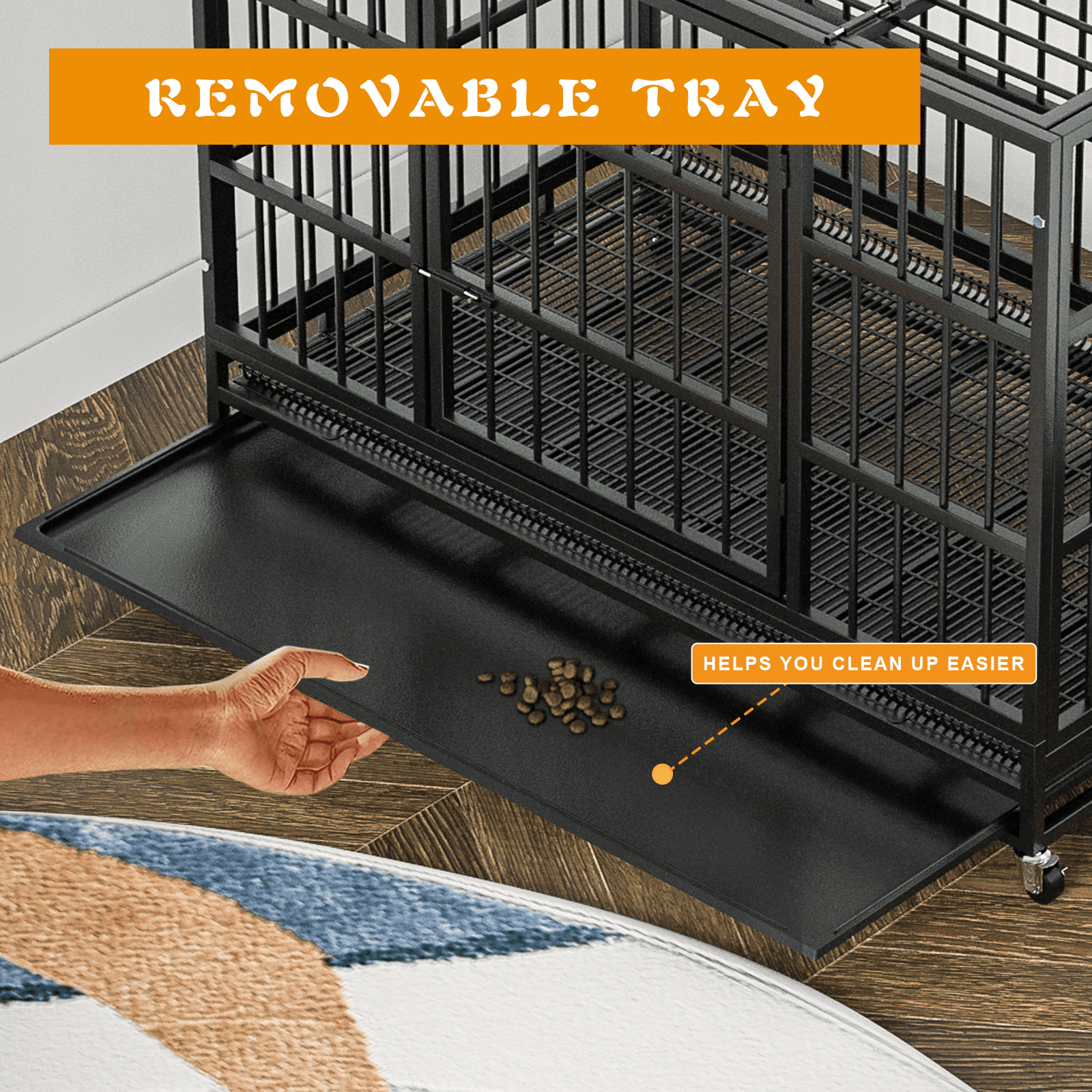 Waleaf 48 Inch Heavy Duty Dog Crate Cage with Wheels for Indoor, Large Dog Kennel with Removable Tray