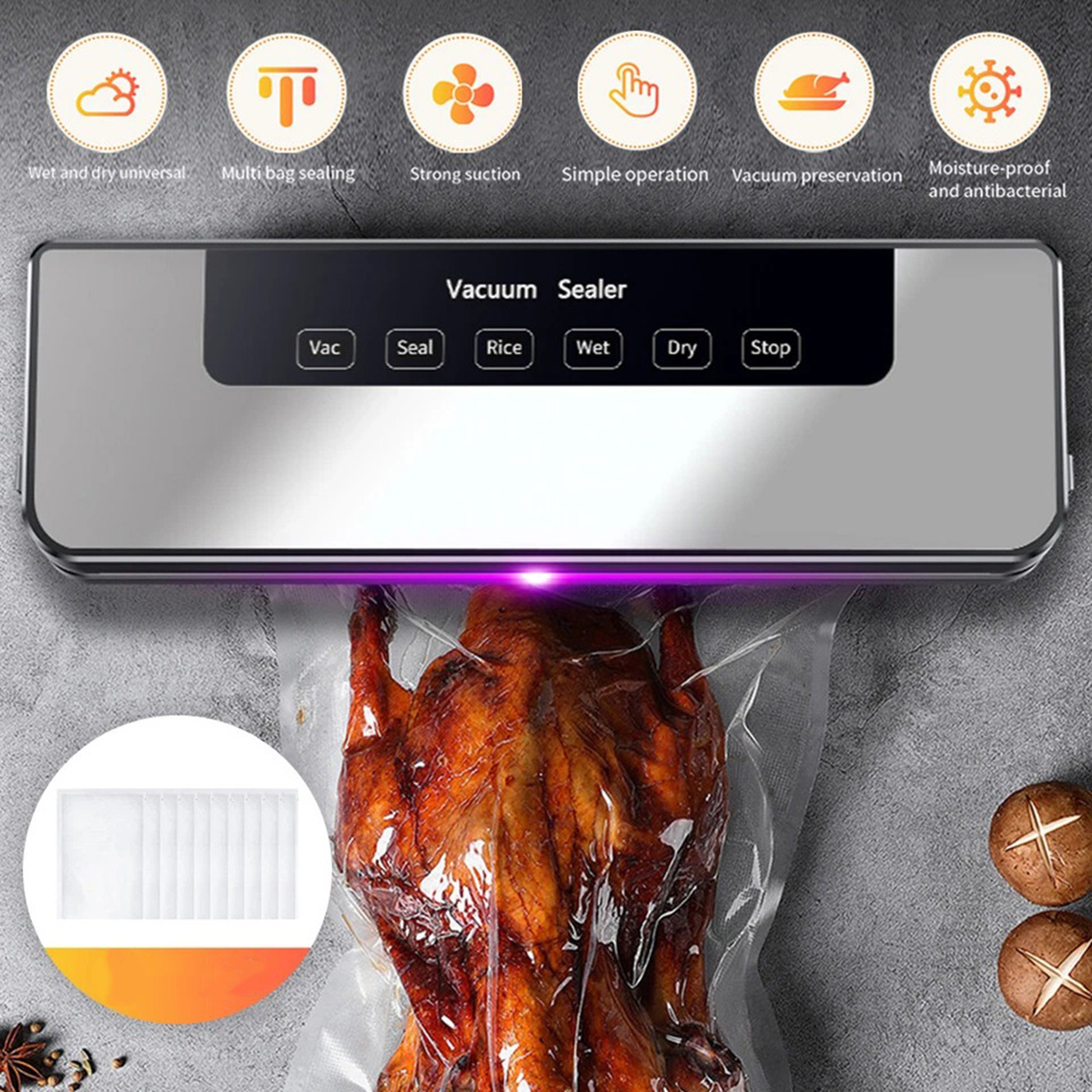 Eurhowing Vacuum Sealer Machine, Automatic Food Sealer for Storage with Dry & Moist Modes, Food Saver Preserver for Meat, Vegetables, Fruit, 30 Bags