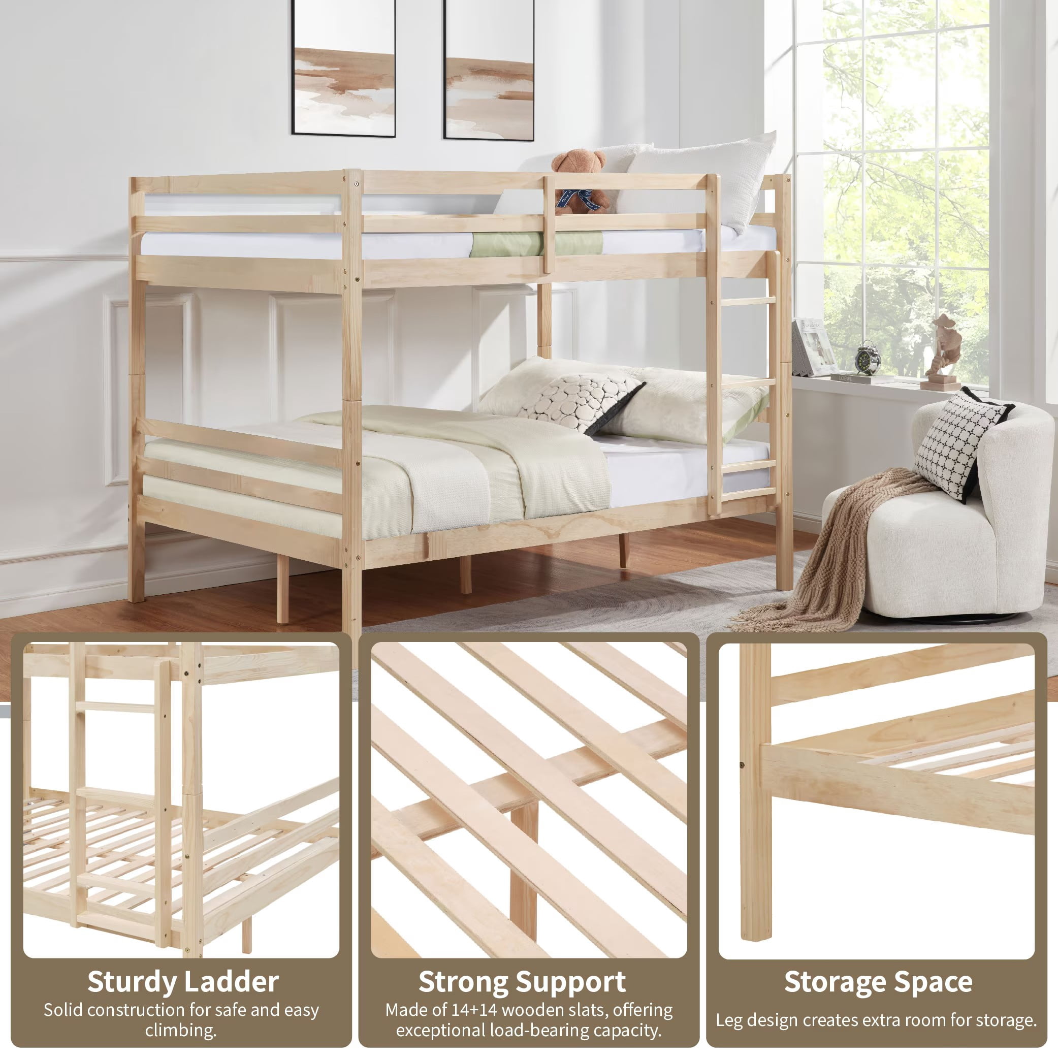 Full Over Full Bunk Bed, Solid Wood Bunk Bed Frame with High Guardrails and Ladder, Heavy Duty Wooden Slats, No Box Spring Needed for Kids, Teens, Guest Room, Natural