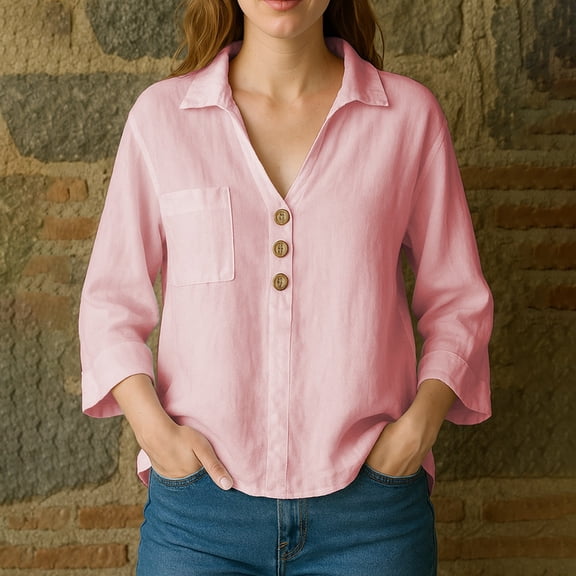 Long Sleeve Shirts for Women Lapel Solid Color Loose Shirt With Pockets Pullover Women's Long Sleeve Top