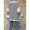 thumbnail image 4 of Womens Striped Lapel Loose Fall Winter V Neck Casual Long Sleeve Color Block Pullover Knit Sweater Gray White  XL, 4 of 6