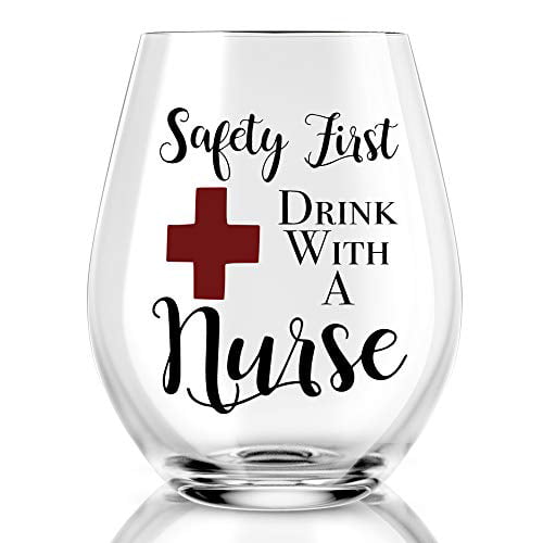 12 Oz Funny Stainless Steel Stemless Wine Tumbler with Lid and Straw Nurse Birthday Idea for Nurse New Nurse Doctor Nurse's Day Safety First Drink with a Nurse Wine Tumbler White