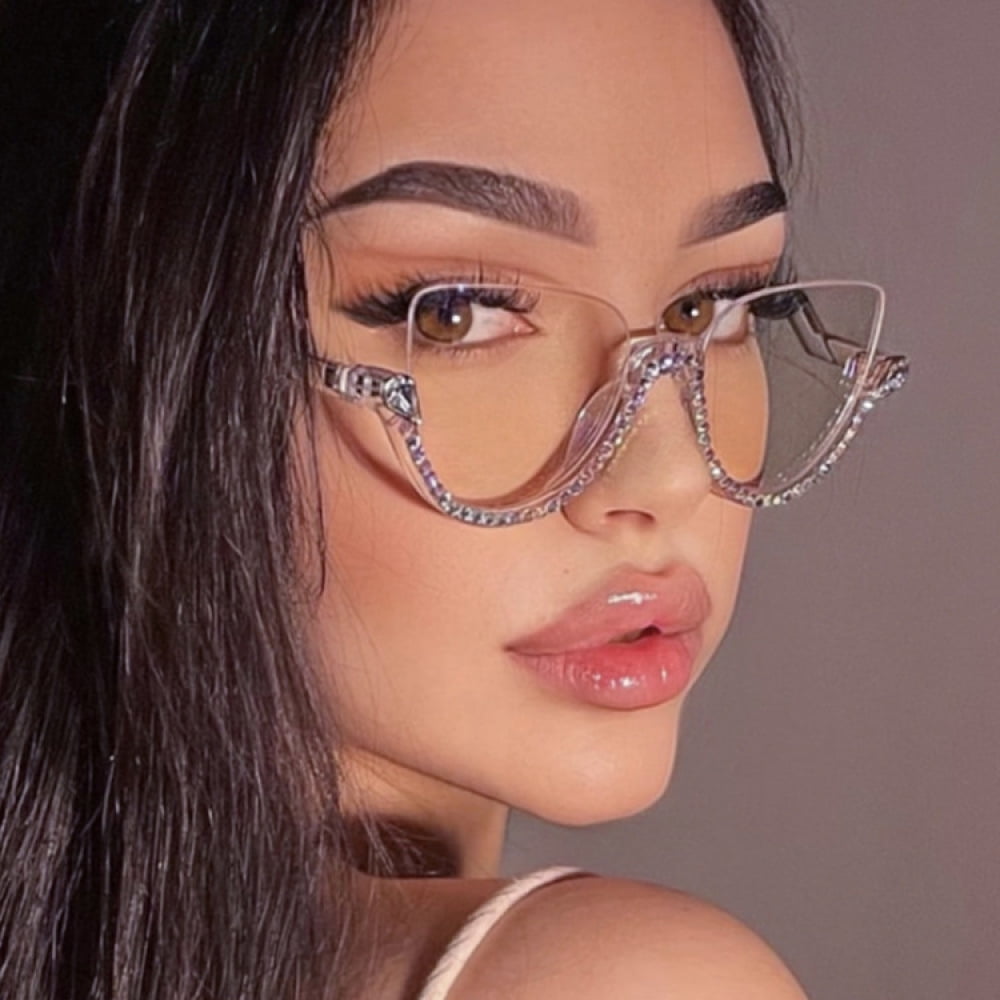 Women Half Moon Blue Light Blocking Reading Glasses 2.75 Ladies Semi-Rimless Black Diamond Readers +2.75 Strength