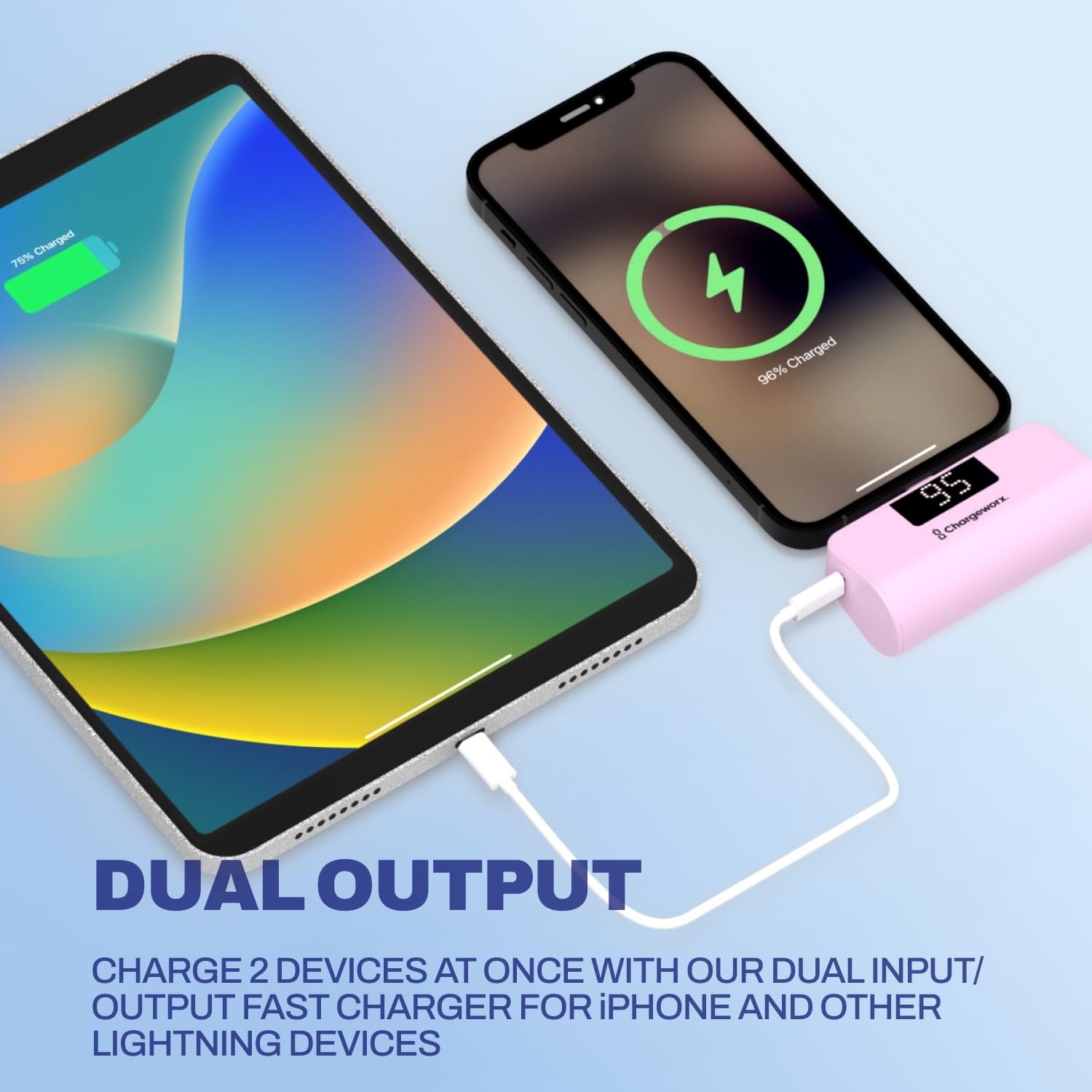 CHARGEWORX Portable Power Bank with LCD Display, Built-in Lightning Connector, Dual Charge Fast Charge Portable Charger 5000mAh, Compatible with iPhone 14, 13, 12 & Older (Pink)