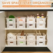 VOZOGO 10PCS Small Plastic Storage Baskets with Lid Stackable Bins with Labels Container for Organizing Storage Box for Shelves Office Cabinet Drawer,Cream White