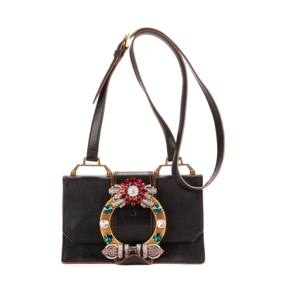 Pre-Owned Miu Miu Black Madras Lady Buckle Flap Shoulder Bag Crystal Embellished Leather