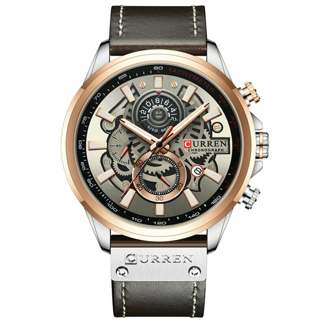 CURREN Men Watch Quartz Movement Leather Strap Time & Calendar Display Stopwatch Function 3ATM Waterproof Male Fashion Wristband for Business & Daily Life