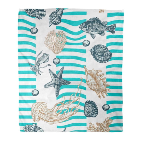 SIDONKU Throw Blanket Warm Cozy Print Flannel Pattern Sea Stripes and Fish Nautical Ship Comfortable Soft for Bed Sofa and Couch 50x60 Inches