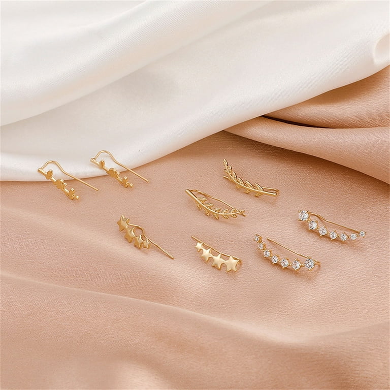 EHQJNJ Boho Earrings Studs for Women Shiny Elegant Zirconia Earrings Golden  Multiple Star Leaf Shaped Earrings No Piercing Clip Earrings Pearl Bow 