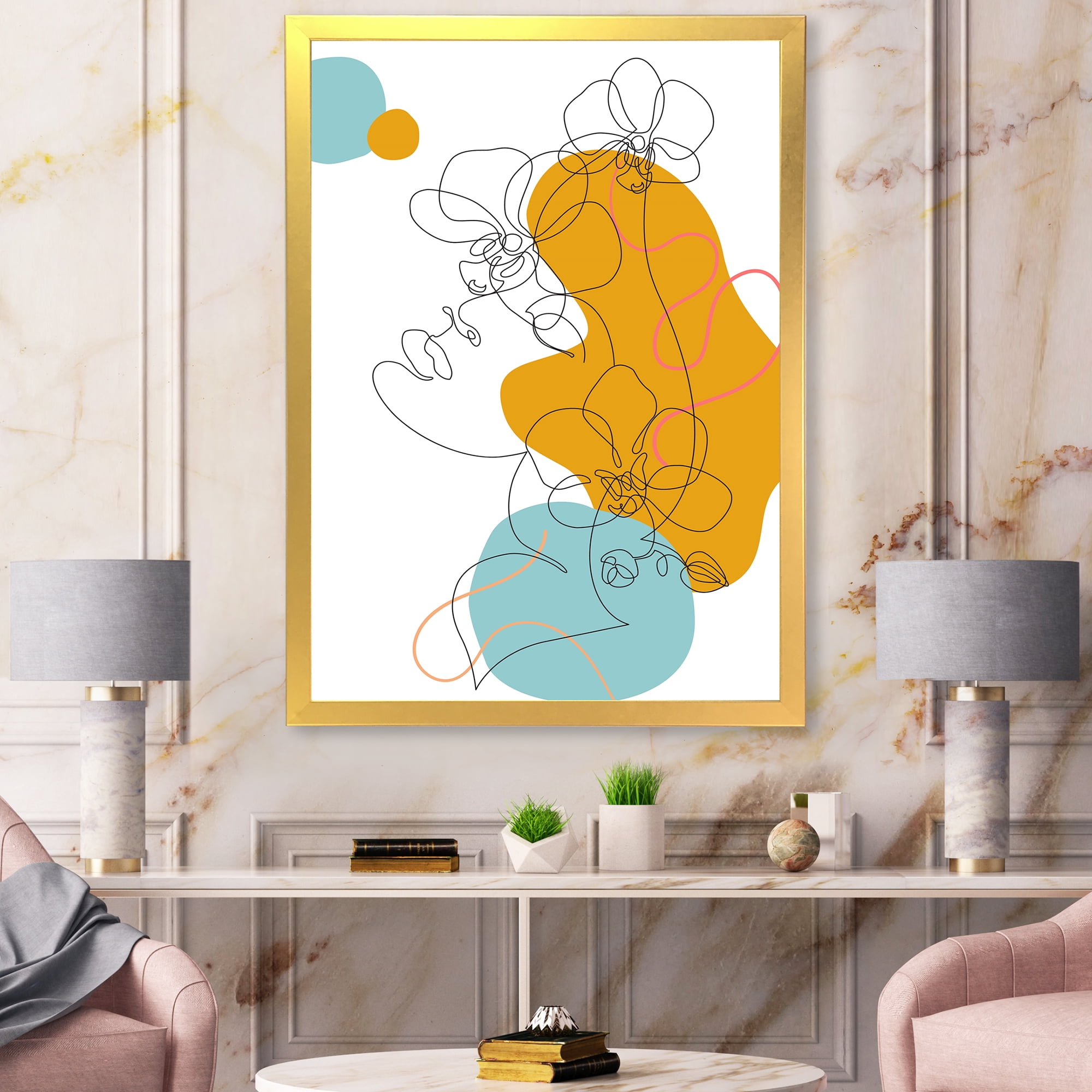 Designart 'Beautiful Woman Portrait With One Line Drawing' Modern Framed Art Print