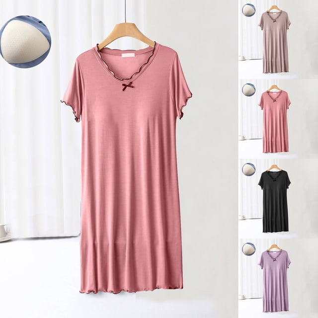 JDQJBZ Sleep Dress for Women Solid Color Detailing Short Sleeve V Neck Built In Bra Short Nightgown