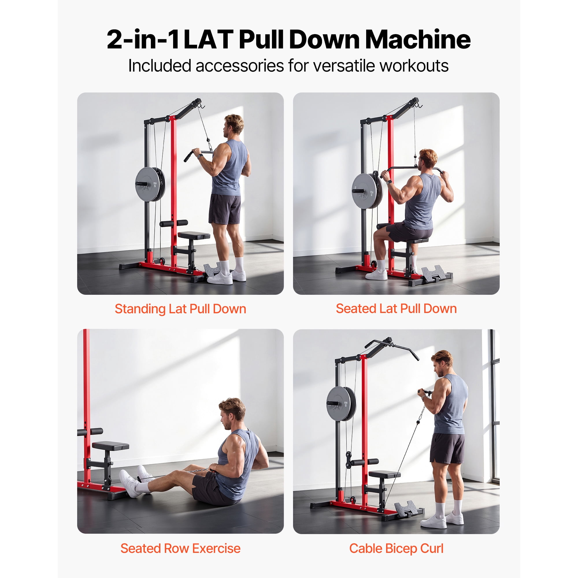 KFFKFF 2-in-1 LAT Pull Down and Row Machine, Adjustable Cable System for Home Gym, Features 3-Level Seat and 4-Level Foam Roller, Supports Up to 500 lbs, Ideal for Back, Chest, Black and Red