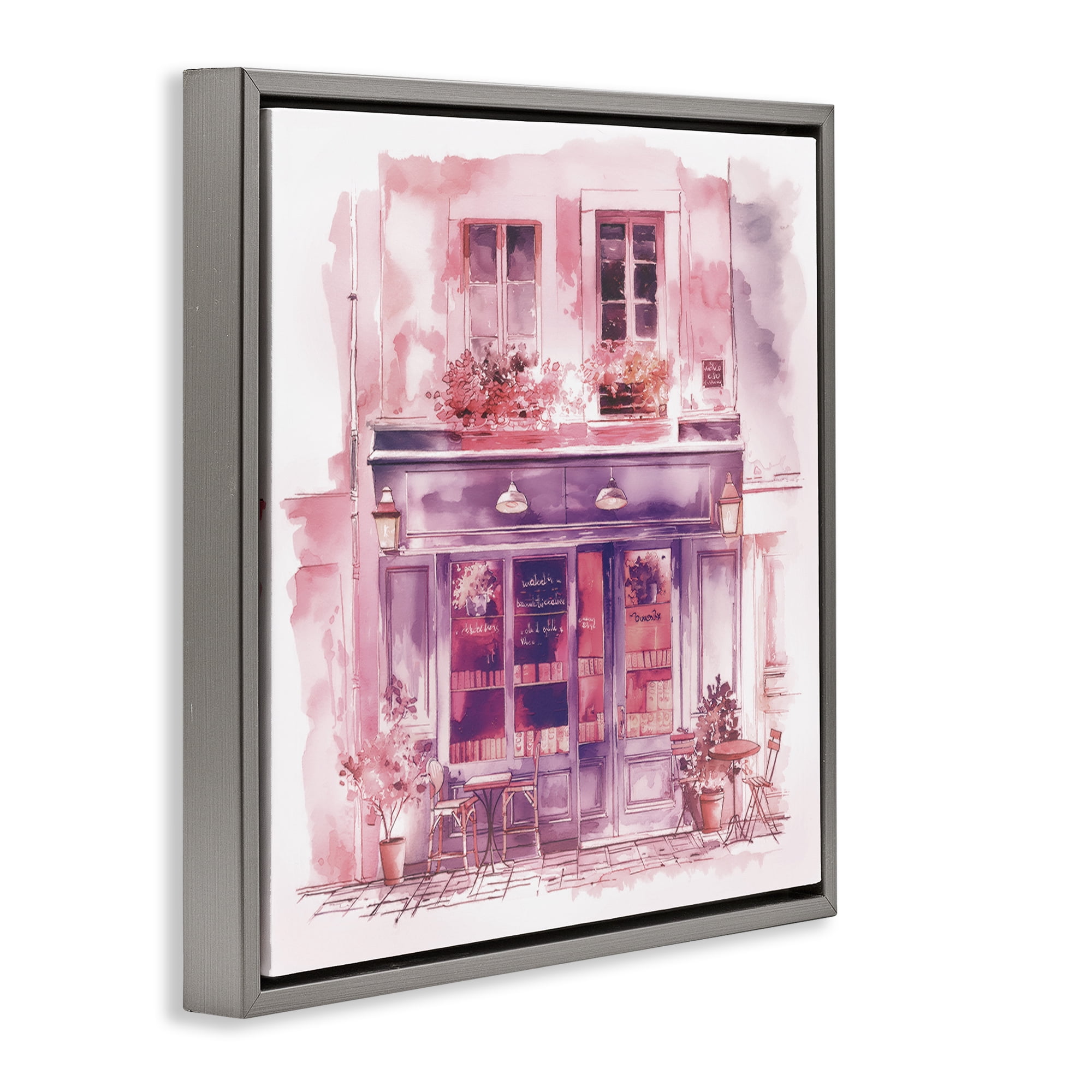 Stupell Industries Pink Bistro Café Buildings & Architecture Painting Gray Floater Framed Canvas Art Print Wall Art, 25 x 25