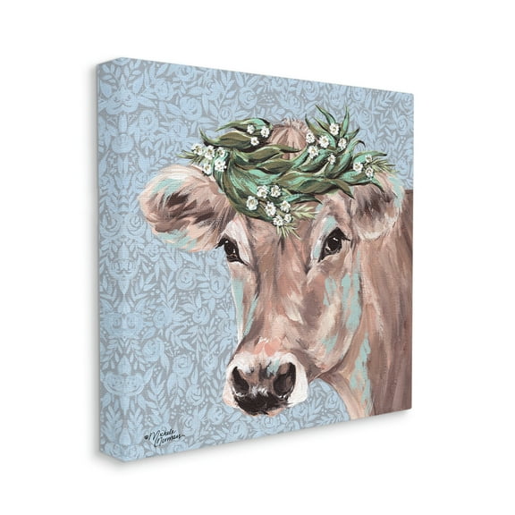 Charming Rural Cow Portrait Floral Crown Animals & Insects Gallery-Wrapped Canvas Print Wall Art, 17x17