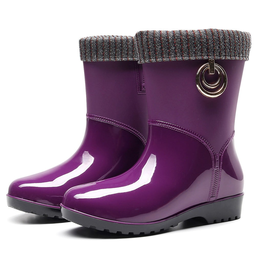 Rain Boots Studded Flat Women Rubber Waterproof Wellies Mid Calf Snow Rainboots 