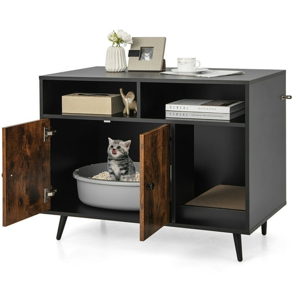 Gymax Cat Litter Box Enclosure w/ Scratching Pad End Table Nightstand Hidden Washroom