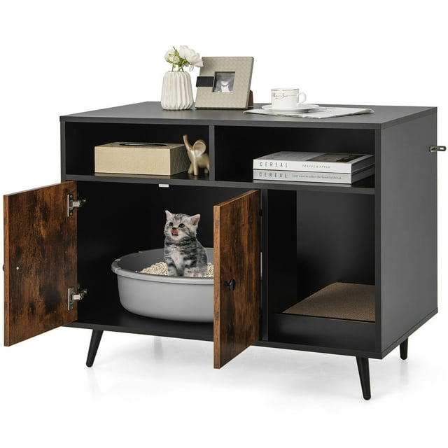 Gymax Cat Litter Box Enclosure w/ Scratching Pad End Table Nightstand Hidden Washroom