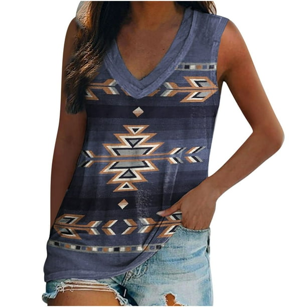 Blusa sin mangas con cuello en V para mujer de moda Camiseta con estampado retro étnico Tops sueltos Fridja qr5203