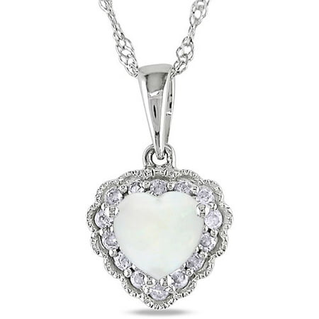 1/3 Carat T.G.W. Opal and Diamond-Accent 10kt White Gold Halo Heart Pendant, 17