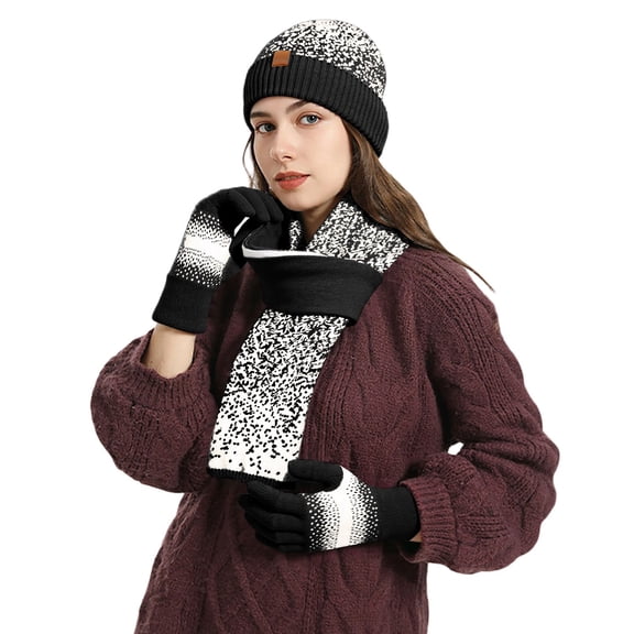 Women Winter Beanie Hat Scarf Gloves Set, Knitted Pompom Hat Warm Neck Scarf Touchscreen Gloves Winter Gift