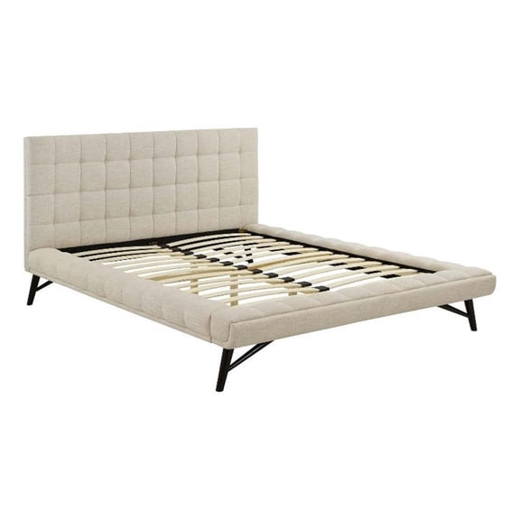 Maklaine Queen Biscuit Tufted Upholstered Fabric Platform Bed in Beige
