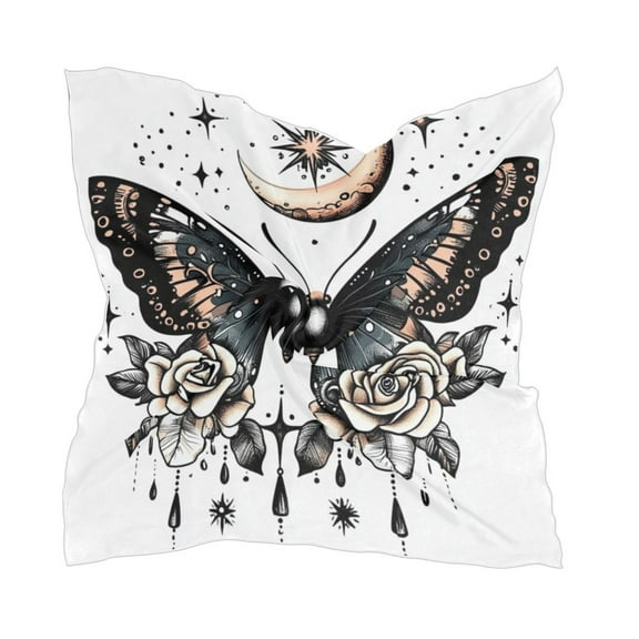 Butterfly with Rose and Moon Women's Fashion Soft Scarf Square Satin Head Scarf Neck Scarf Head Hair Wraps