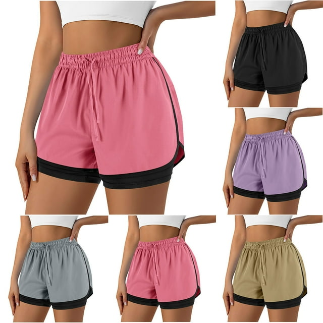 ZVAVZ Women 2 In 1 Running Shorts Quick Dry Athletic Gym Workout Shorts Summer High Waisted Drawstring Shorts Gray,S