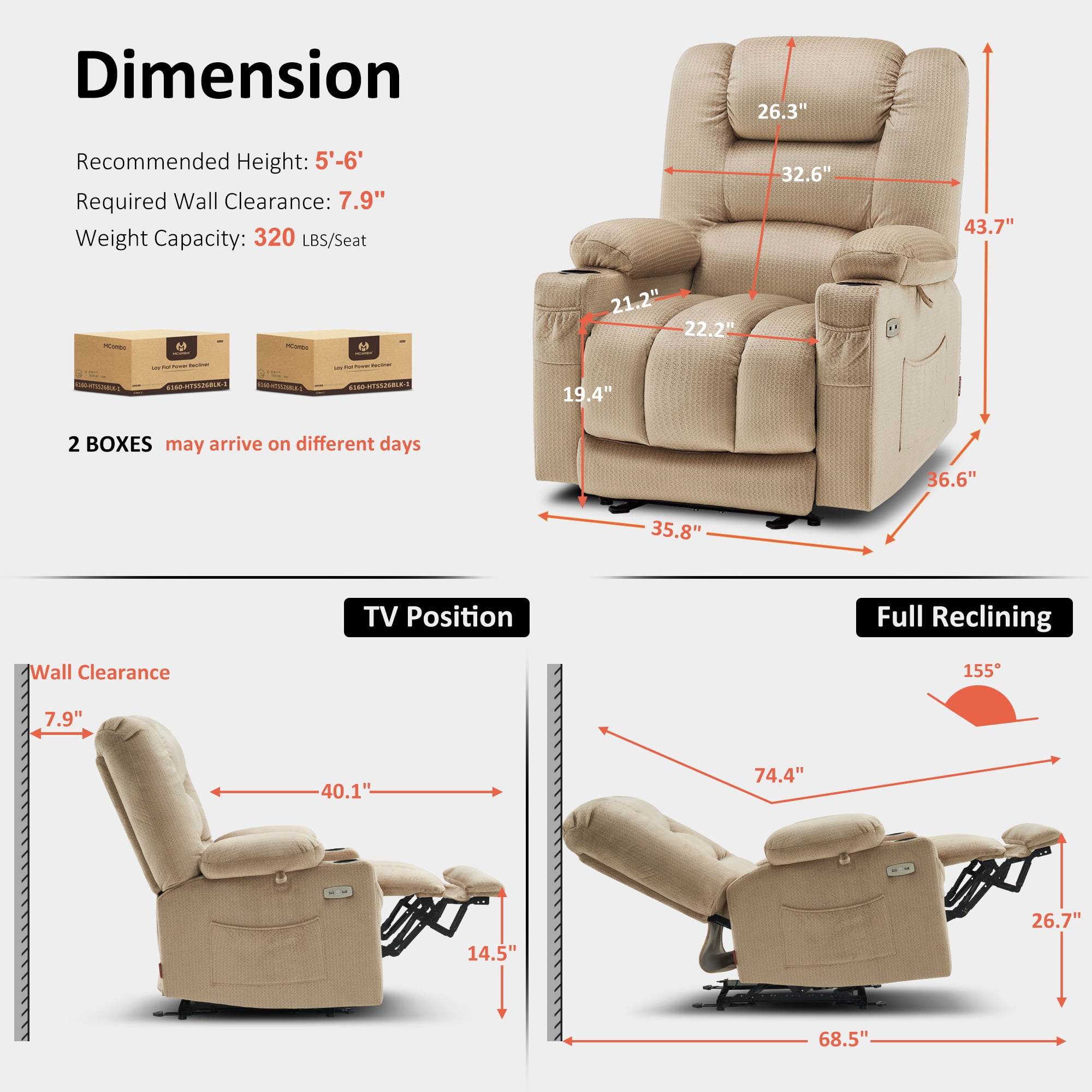 MCombo Electric Power Recliner Chair w/ Massage USB Cup Holders for Living Room Beige Fabric 6079