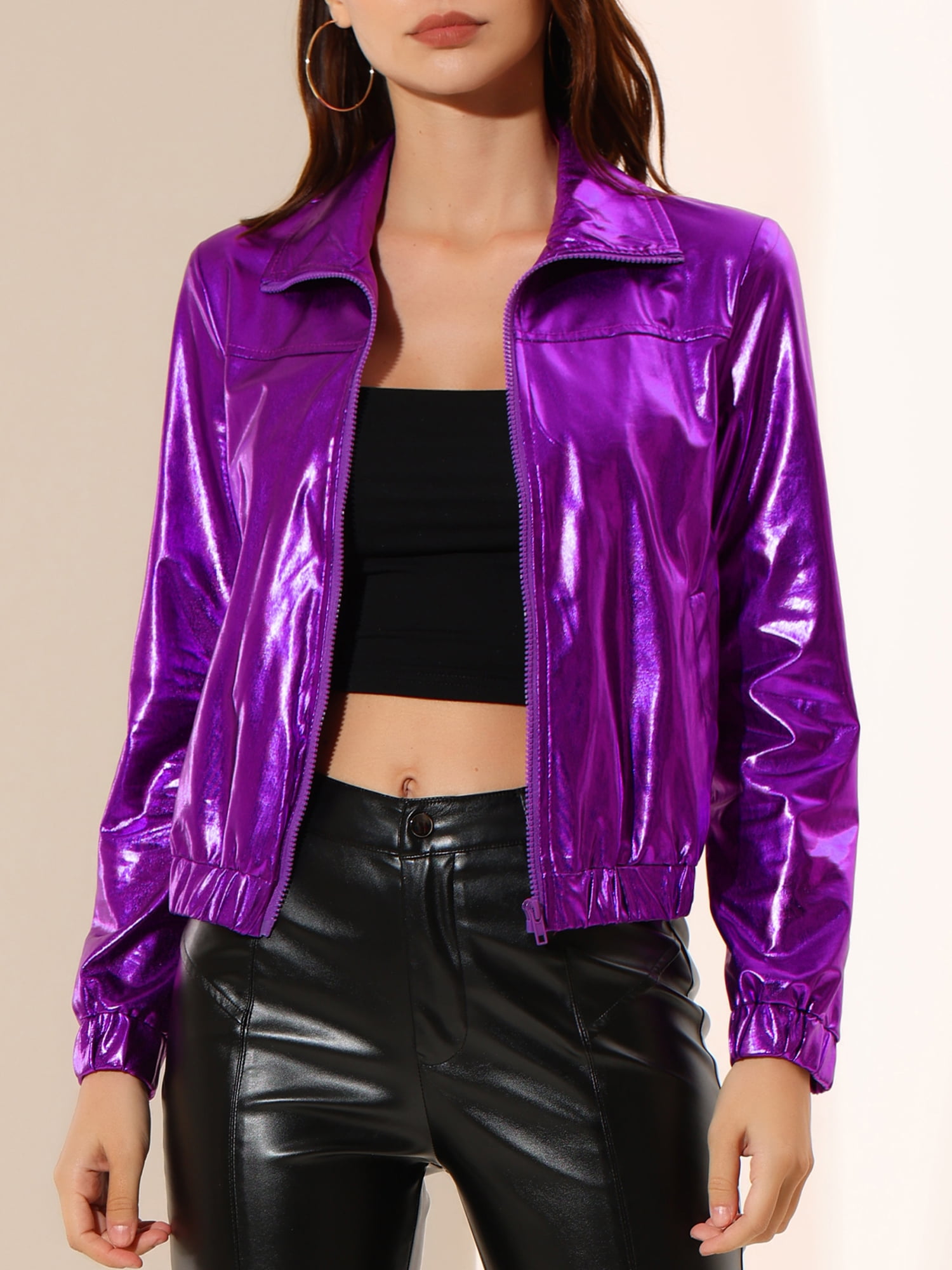 ジャケット SHINY ZIPPER PULL CHECK JACKET Allegra K Women's Metallic Shiny Long Sleeve Zip Front Short