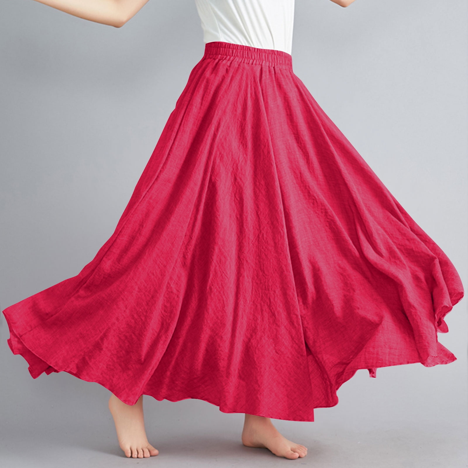 Cavosen Skirts for Women Trendy Summer Long Maxi Ankle Length Skirts Linen Pleated Pencil Skirts Elastic Waist Plain Summer Skirts Oversized Dress Athletic Beachwear Resortwear Red
