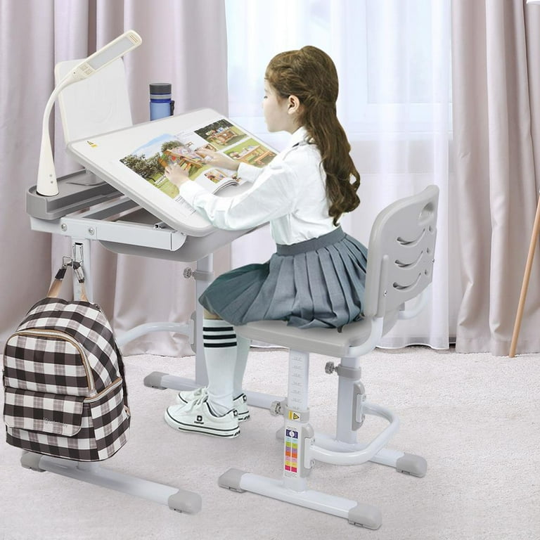 Gymax Height Adjustable Kids Desk Chair Set Study Drawing w/Lamp &  Bookstand Gray 