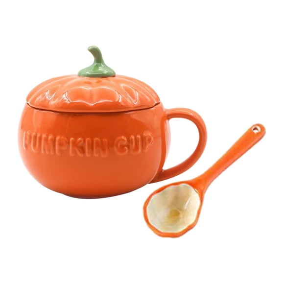 Bonita taza de cerámica con forma de calabaza, original taza de postre, sopa, con tapa, 3D, para Halloween. Mediano Con Cuchara