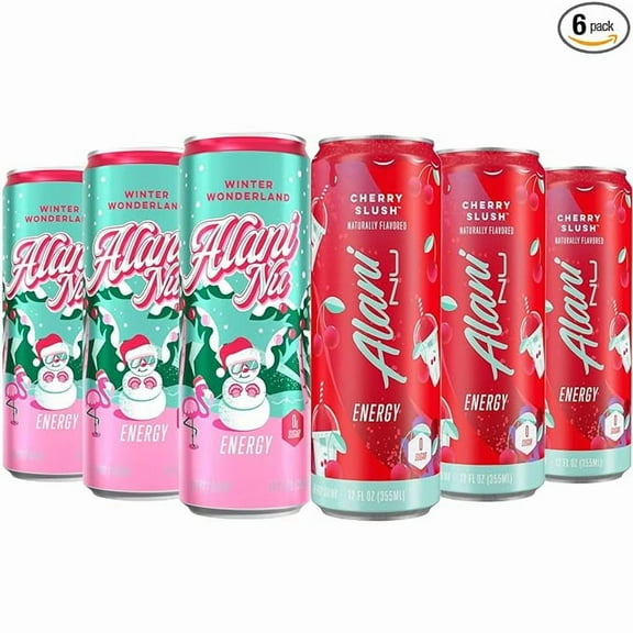 New Alani Energy Drinks Winter Wonderland, Cherry Slush Variety Pack Sugar-Free, Low-Calorie, Energy Boost Drink 12 fl oz (Pack of 6)