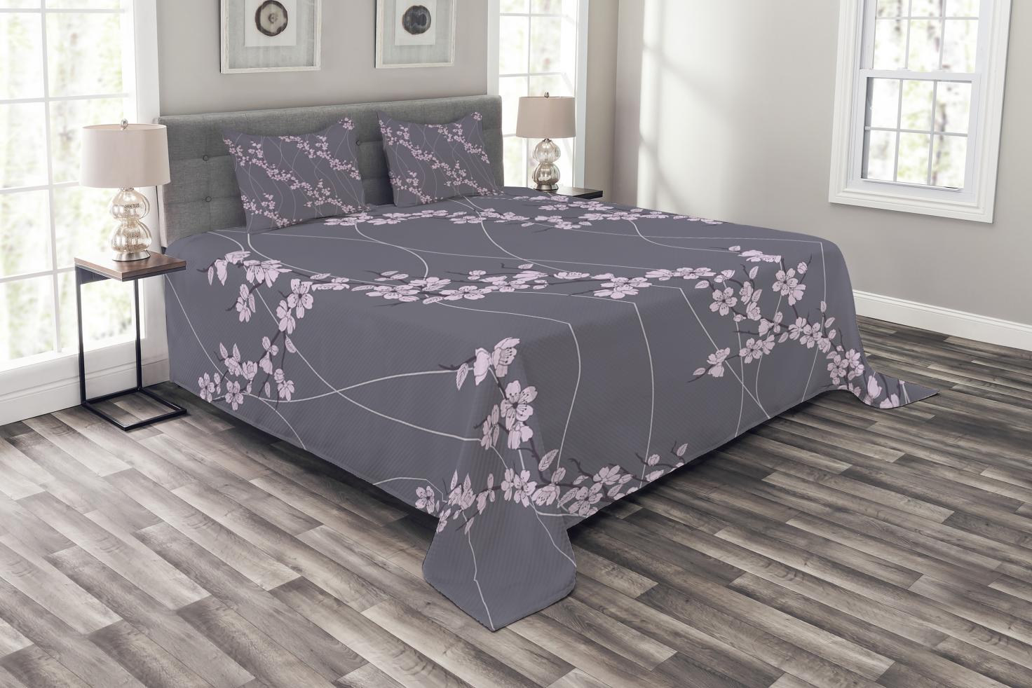 Floral Bedspread Set Queen Size, Asian Spring Japanese Sakura Branches