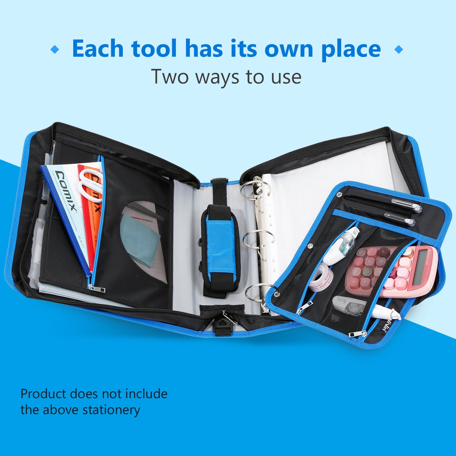 ViVin Zipper Binder 2 Inch O-Ring 450 Sheet Capacity, Multiple Tab and Zip Pockets, Office Supplies,Blue