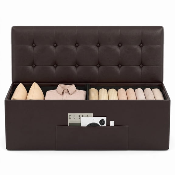 Furnibear 43 Inch Folding PU Leather Storage Ottoman Bench with Divider and Side Pocket for Living Room, Bedroom and Entryway, Brown