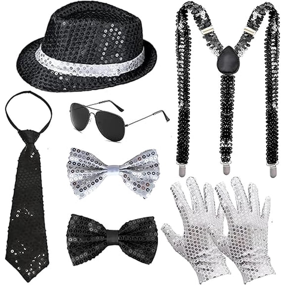 IROOZIGOTO Mens 70s 80s Disco Costume Accessory Kit with Sequin Fedora Suspenders Tie Bow Ties Sunglasses Gloves for Halloween Cosplay Party