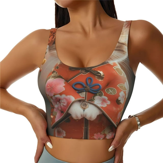 Fotbe Adorable Kitten In Kimono Sujetador Deportivo Largo sin Aros para Mujer con Almohadillas y Soporte Medio, Transpirable y Absorbente, Camiseta Tipo Chaleco o Tank Top-Small
