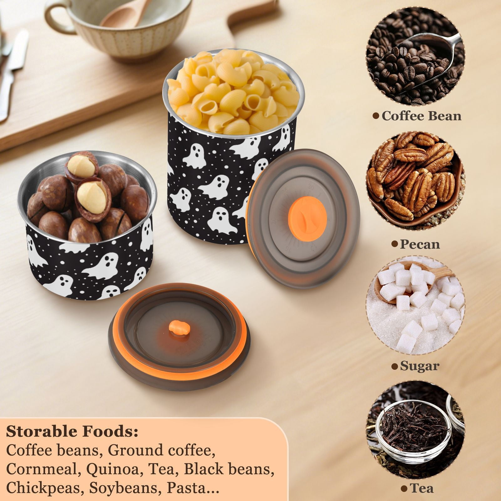 Ghost Polka Dots Airtight Coffee Bean Canister 30oz Food Storage Containers with Lids For Gournd, Tea, Sugar, Flour, Rice, Cereal, Candy Cookie Jar