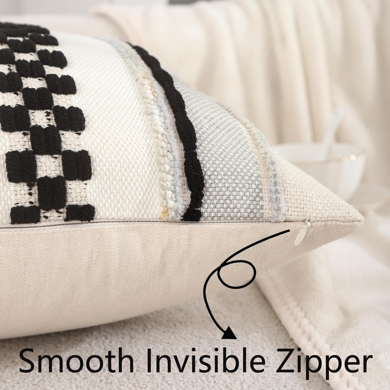 Boho Throw Pillow Covers 18x18 Set of 2 Striped Decorative Pillow Cases Accent Chenille Pillowcases Farmhouse Cushion Case Bohemian Nuetral Textured Pillow Cover,Black and Beige