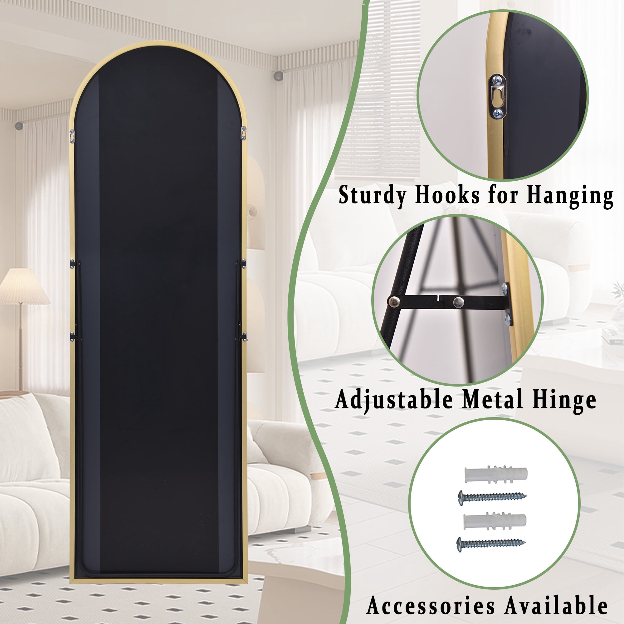 SEETHRUGLIMMER 68"x22.2" Arched Full Length Mirror Wall-Mounted Floor Mirror with Stand, Gold