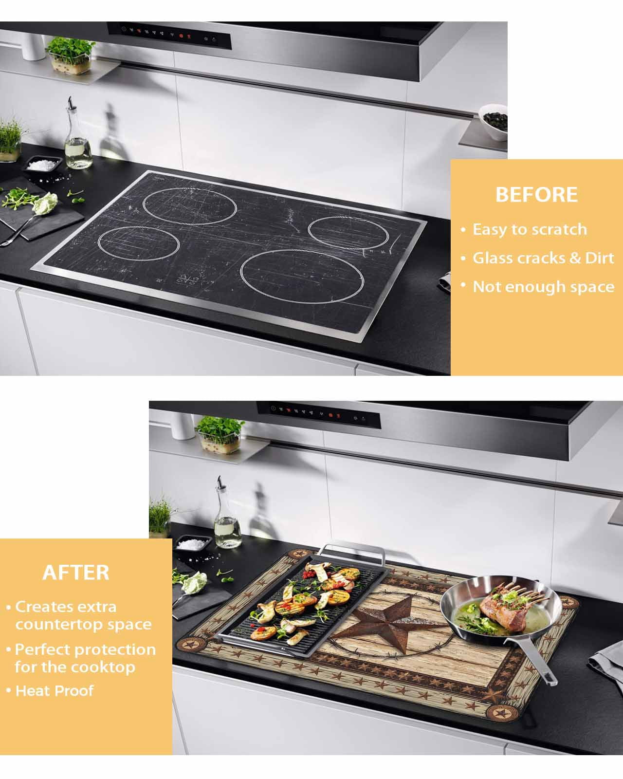 nqOlkjepod Large Induction Cooktop Protector Mat 24"x21", Texas Star Brown Stove Top Covers for Electric Stove, Country Star Rustic Vintage Wooden Stove Burner Cover Mats, Glass Top Stove Cover