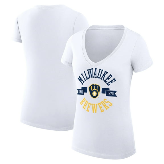 Women's G-III 4Her by Carl Banks White Milwaukee Brewers Super-Slim Fit Lightweight City Graphic V-Neck T-Shirt