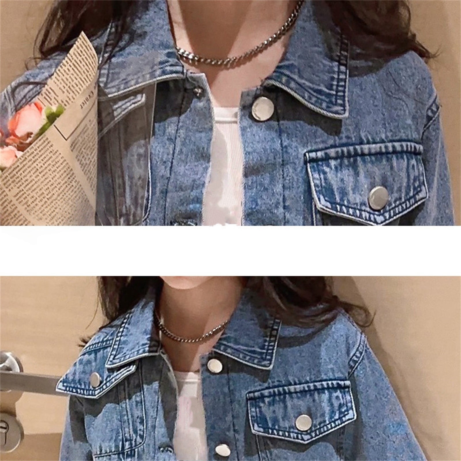 EnJoCho Teen Girls Crop Denim Jacket Solid Lapel Button Down Long Sleeve Windproof Casual Coat Pockets Outerwear Jean Jacket