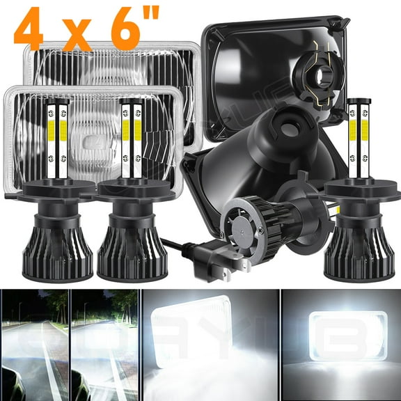 Quayub 4pcs 4 x 6" Glass Headlight Lamp Housings Hi / Low Beam 6000K Fits H4 LED replace Halogen Bulbs