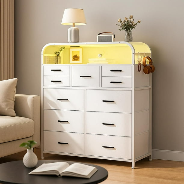 Mueble de Almacenaje, Tocador de Tela no Tejida con luz LED y Enchufe, 11 Cajones, 4 Ganchos, Ideal para Dormitorios, Salones y Recibidores, 90 x 28 x 120 cm (Blanco)
