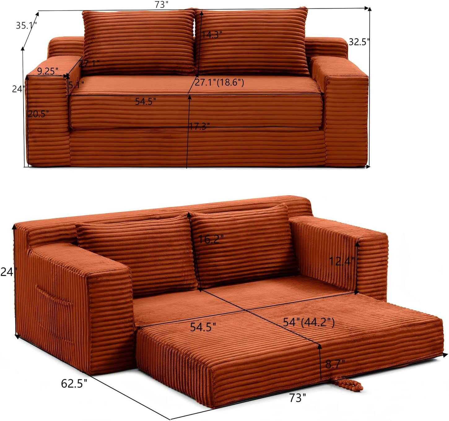 73" 2-in-1 Convertible Sofa Bed, Memory Foam Corduroy Loveseat, No Assembly, Orange