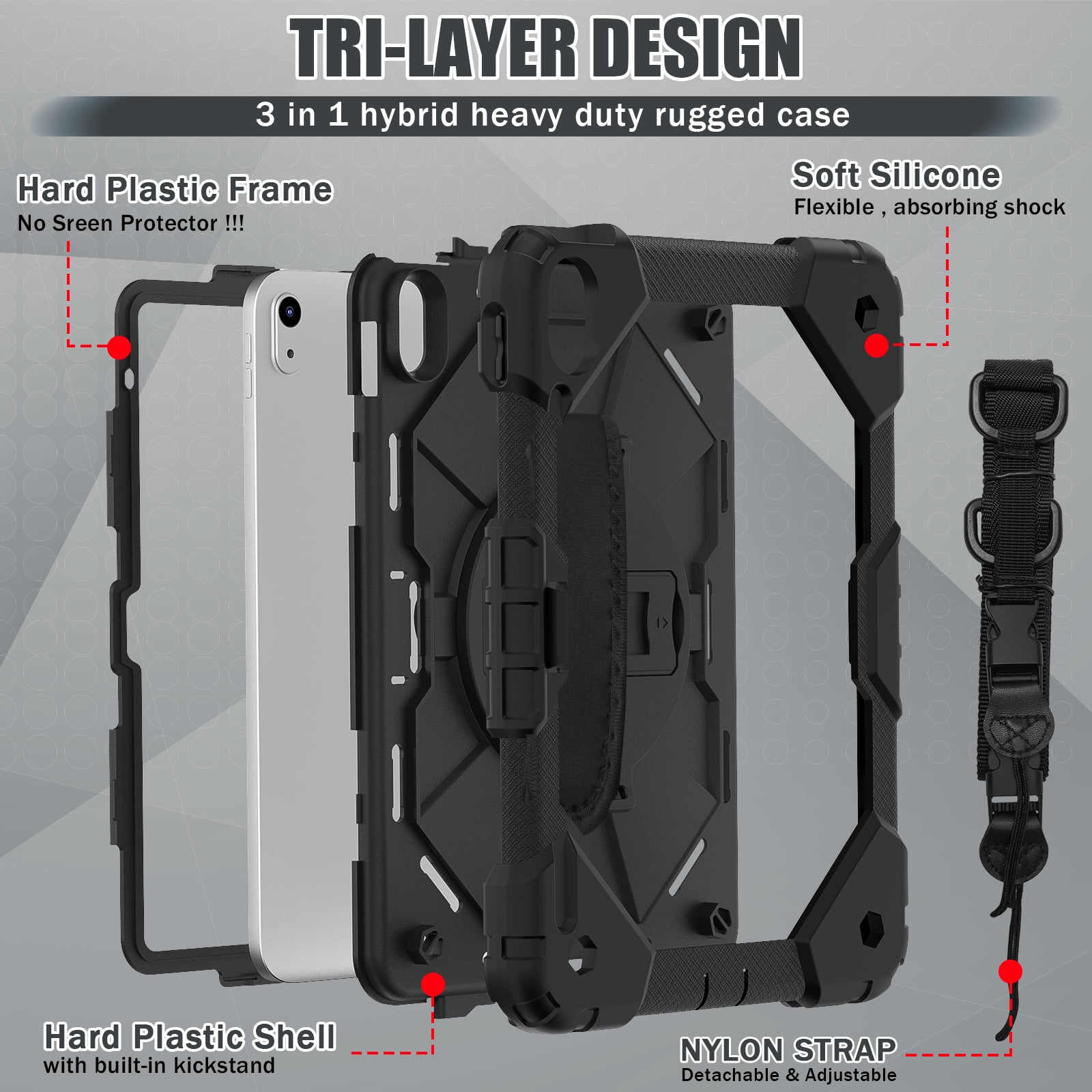 ELEHOLD Rugged Hybrid Case for iPad 11th Gen (A16) 2025 11-inch,with Built-in Kickstand 360° Rotating Handstrap Pencil Holder Crossbody Shoulder Strap Shockproof Heavy Duty Case,Black
