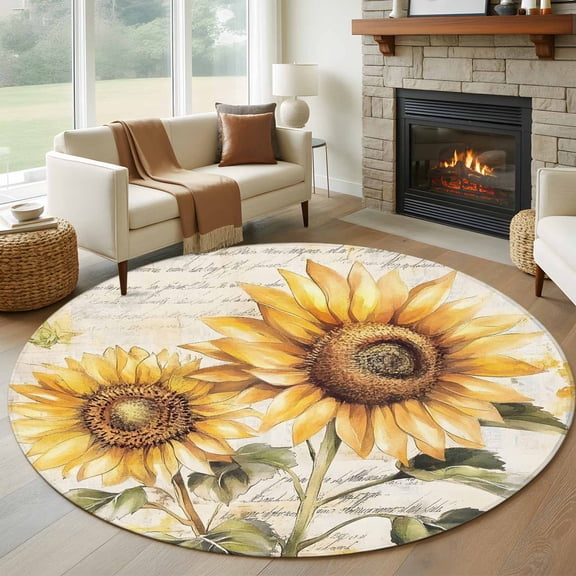 Sunflower Floral Round Rug 5ft Washable Circle Kitchen Rugs Non Slip Spring Summer Vintage Botanical Large Area Rug Indoor Floor Carpet for Bedroom Living Room Home Office Dining Room Nursery